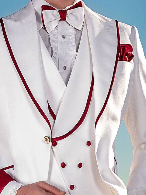 Gilet doppiopetto sciallato bianco con bordino rosso