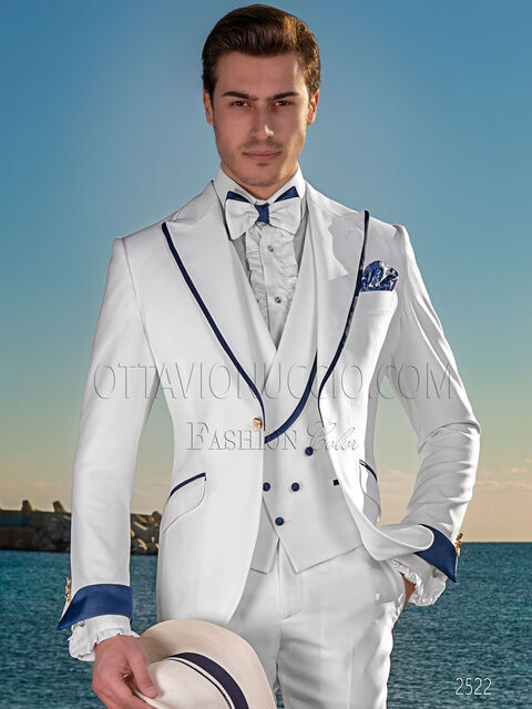 Abito cerimonia fashion su misura bianco, maniche e rever con contrasti blu