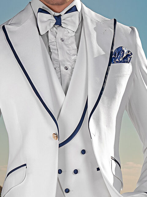 Gilet doppiopetto sciallato seta grigio perla con bordino blu