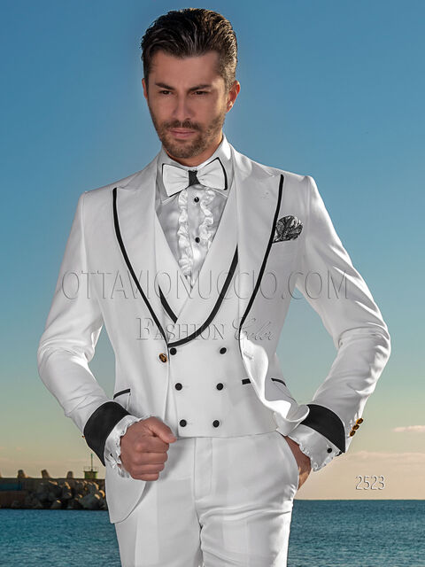 Vestito uomo fashion su misura bianco, contrasti neri sul rever e maniche