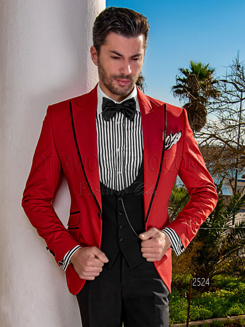 Giacca da cerimonia uomo in cotone rossa con pantalone e gilet nero