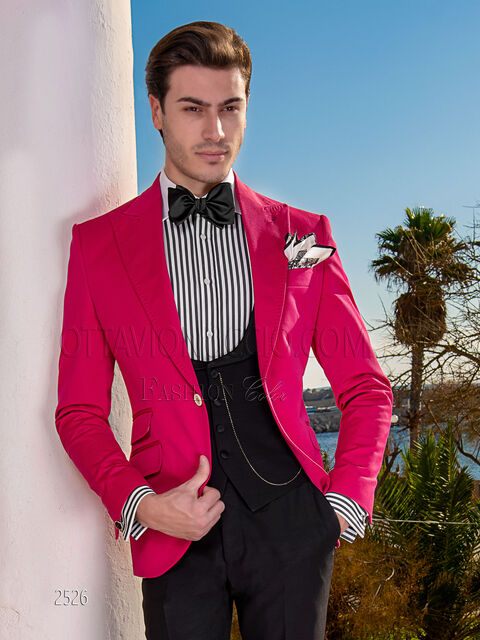 Abito matrimonio civile in piquet di cotone fucsia, pantalone nero