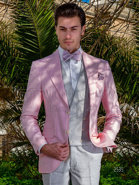 Completo estivo uomo da cerimonia in puro lino rosa e grigio