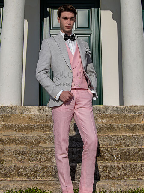 Completo estivo uomo da cerimonia in puro lino grigio e rosa