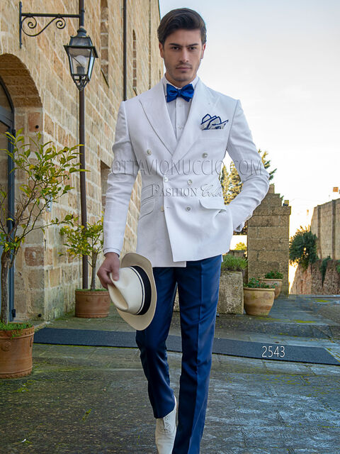 Vestito uomo lino bianco doppiopetto, pantalone pied-de-poule blu