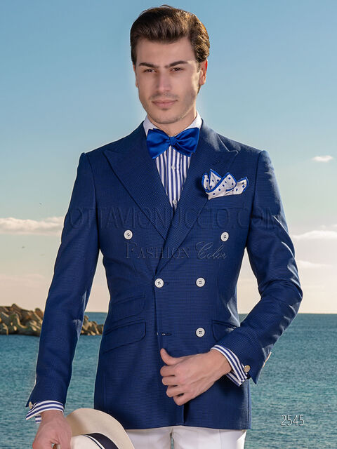 Giacca uomo doppiopetto Pied-de-Poule blu e pantalone bianco