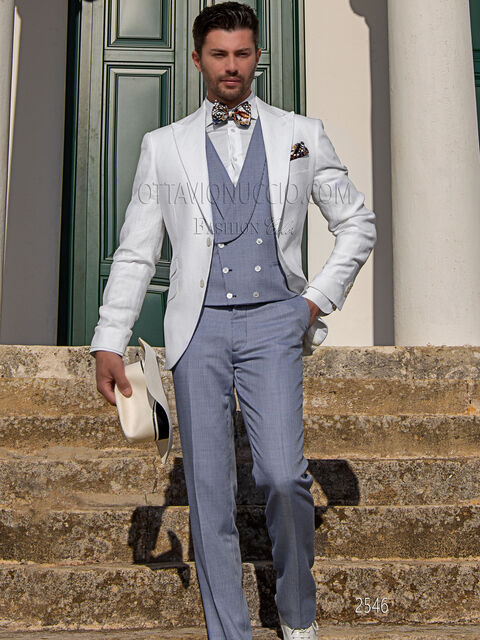 Vestito uomo cerimonie estive bianco e pantalone pied-de-poule blu