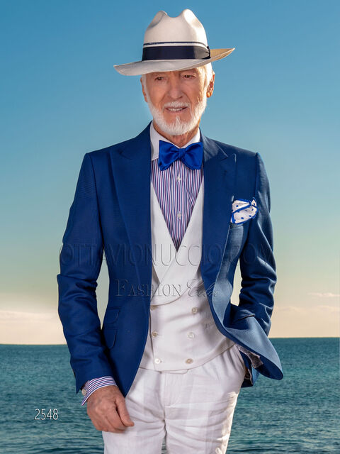 Abito moda uomo giacca blu pied-de-poule con gilet e pantalone bianco