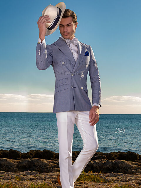 Giacca moda uomo doppiopetto Pied-de-Poule blu con pantalone bianco