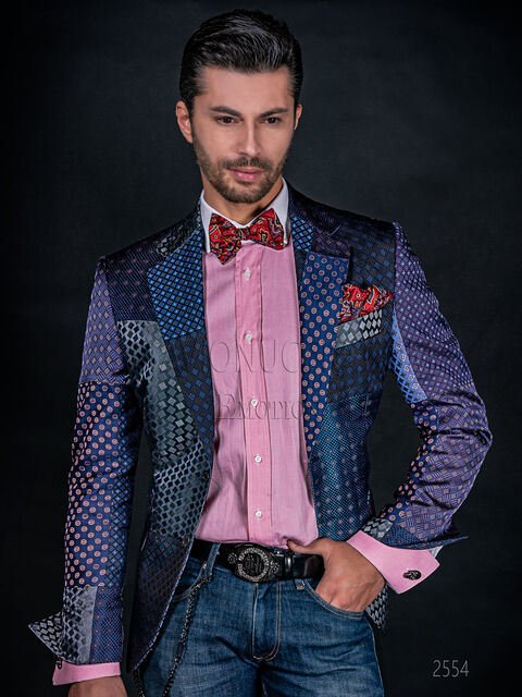 Giacca moda uomo in seta patchwork blu