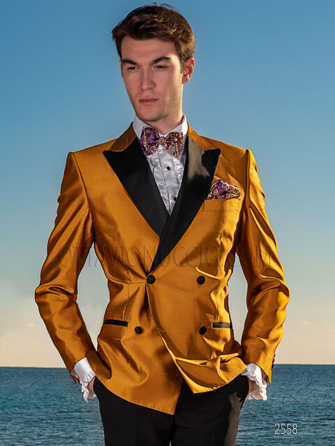 Abito doppiopetto uomo shantung misto seta oro e pantalone nero
