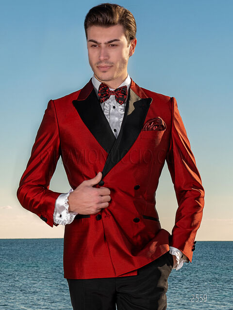 Abito doppiopetto uomo shantung misto seta rosso e pantalone nero