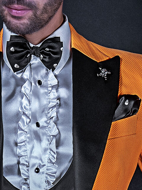 Papillon e Fazzoletto in seta nero con stampa teschi bianchi