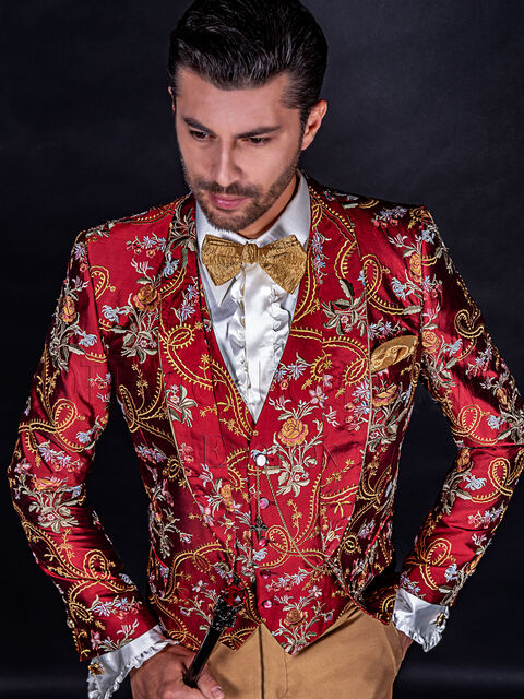 Abito alternativo uomo moderno in seta ricamata rosso e oro