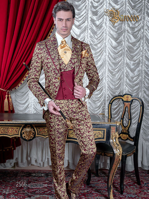 Abito uomo matrimonio barocco di lusso, broccato rosso e oro