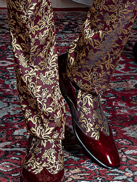 Scarpa bicolore vernice rossa inserto broccato oro rosso
