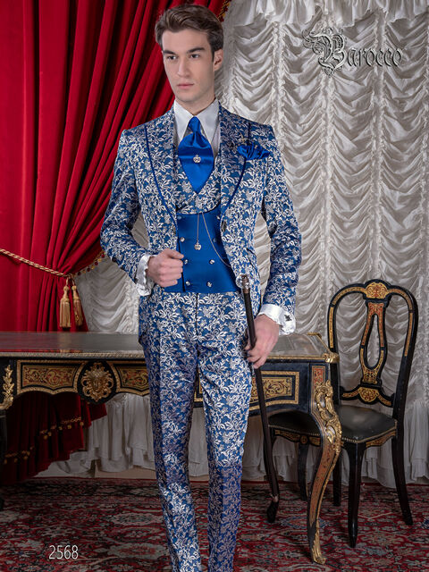 Abito uomo matrimonio barocco di lusso, broccato blu royal argento