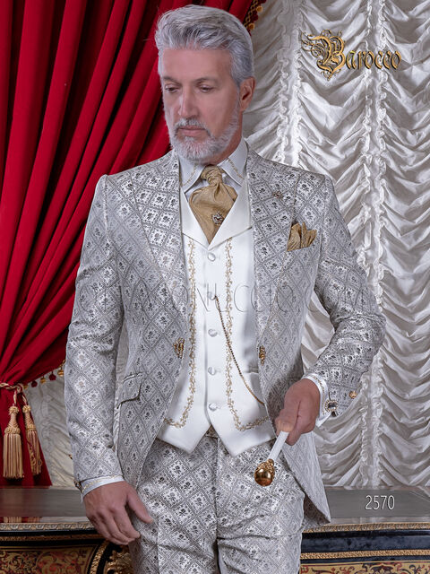 Abito uomo matrimonio barocco di lusso, broccato grigio perla oro
