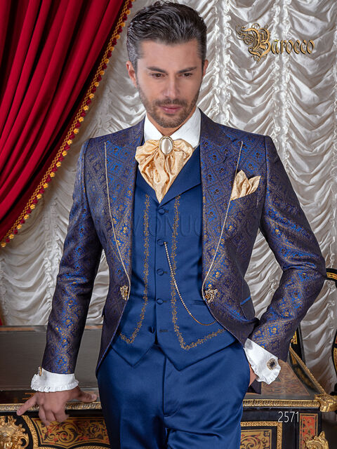 Abito sposo da matrimonio barocco in tessuto broccato blu e oro