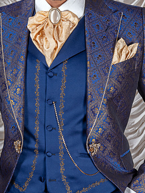 Gilet in raso blu ricamato nero oro