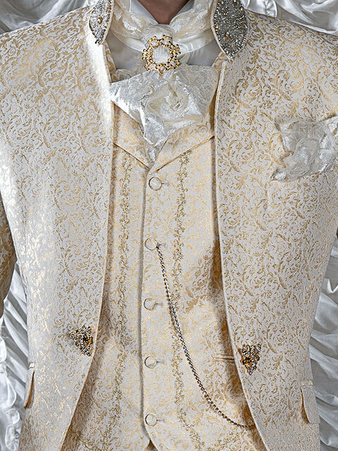 Gilet con rever broccato beige ricamato oro