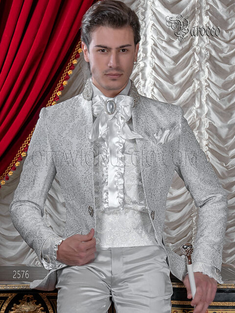 Vestito sposo collo coreana con cristalli damascato grigio perla