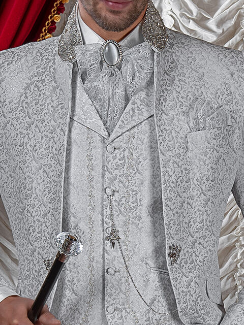 Gilet con rever broccato grigio ricamato argento