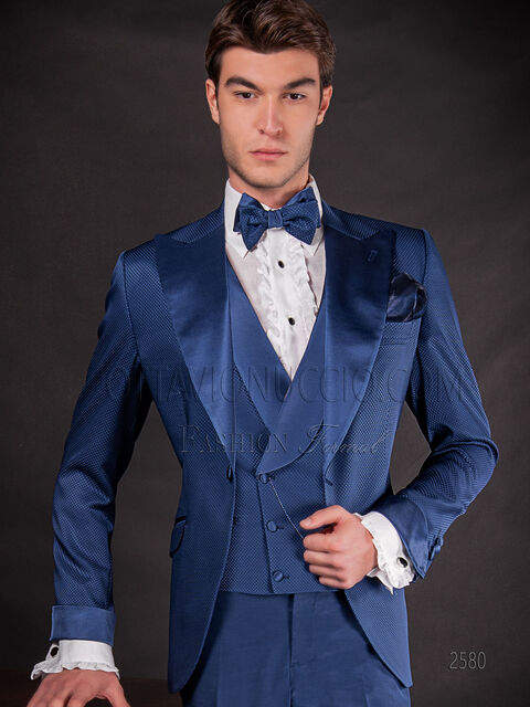 Abito moda cerimonia sposo blu con inserti in raso a tono