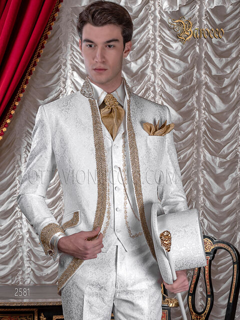 Vestito sposo con cilindro in stile barocco di lusso broccato bianco