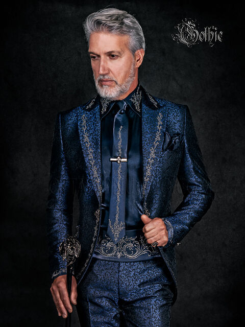 Abito da sposo gotico blu in tessuto broccato con ricamo argento