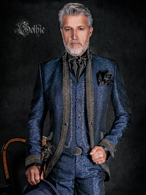 Abito uomo stile gotico broccato blu con passamaneria strass
