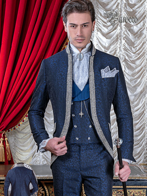 Vestito sposo blu damascato di lusso con passamanerie cristallo