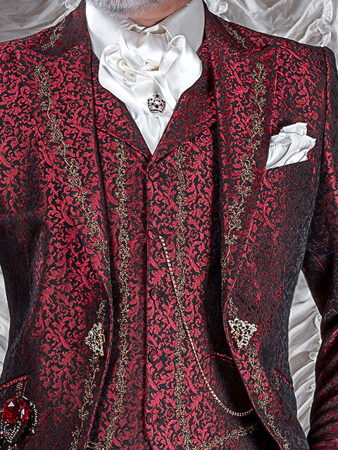Gilet con rever broccato rosso ricamato oro