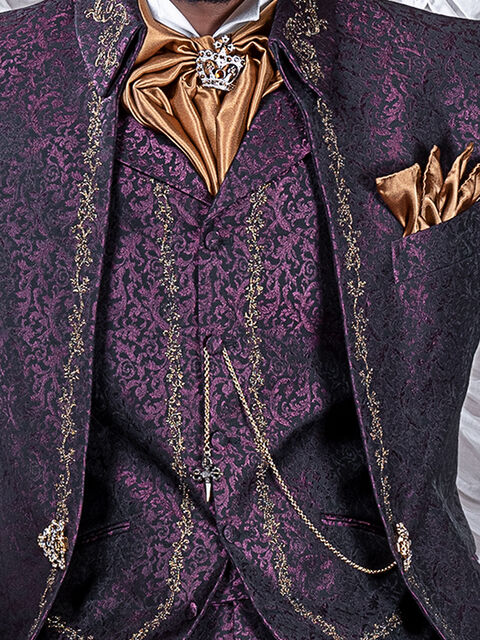 Gilet con rever broccato viola ricamato nero oro