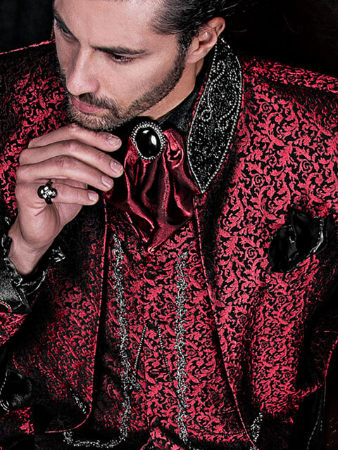 Gilet con rever broccato rosso ricamato nero argento