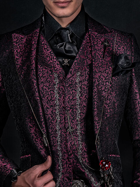 Gilet con rever broccato viola ricamato nero argento