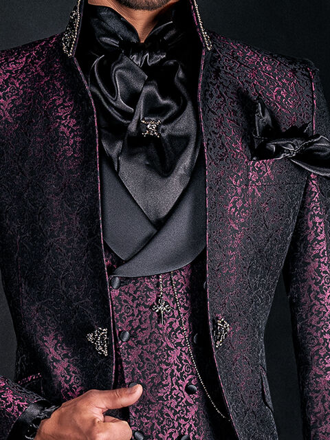 Gilet doppiopetto con rever sciallato damascato prugna