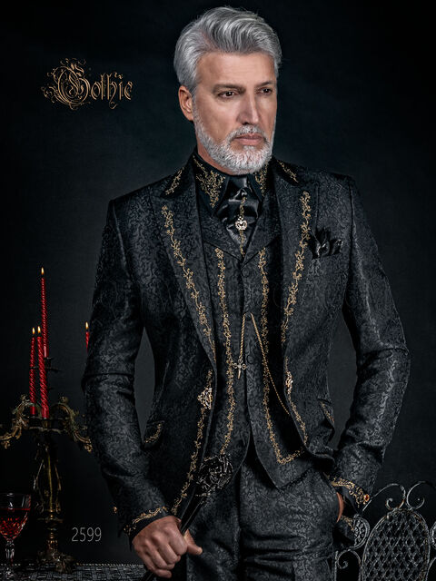 Vestito sposo per cerimonie gotiche broccato nero ricamato oro