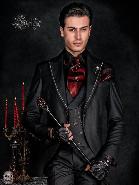 Abito moderno stile steampunk sposo gessato nero e strass sul rever