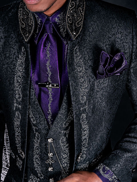 Camicia e Cravatta in tessuto lurex viola scuro con ricamo