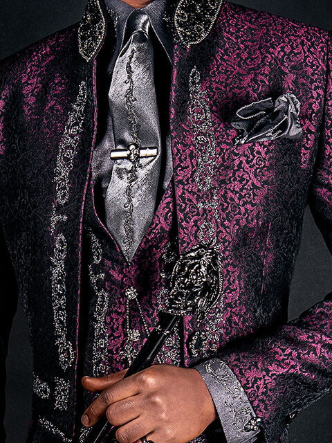 Gilet damascato prugna con greca ricamata nero argento