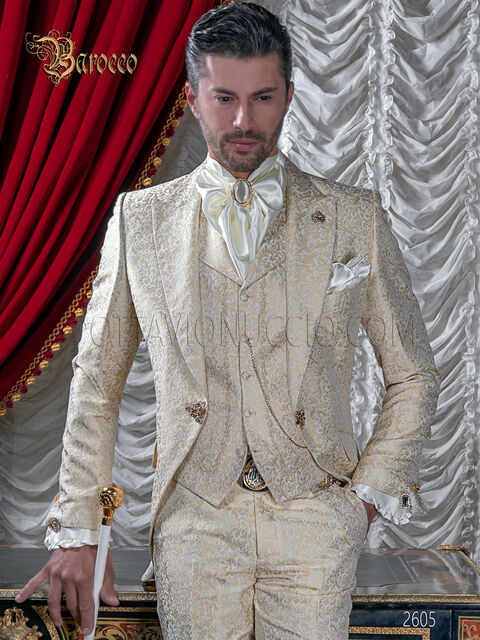 Abito sposo uomo barocco damascato beige oro con strass su rever
