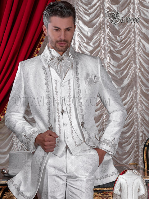 Vestito sposo uomo redingote broccato bianco con ricami argento
