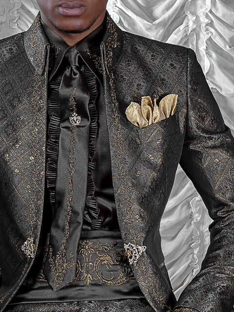 Camicia e accessori in raso microfibra marrone con ricamo drago nero-oro