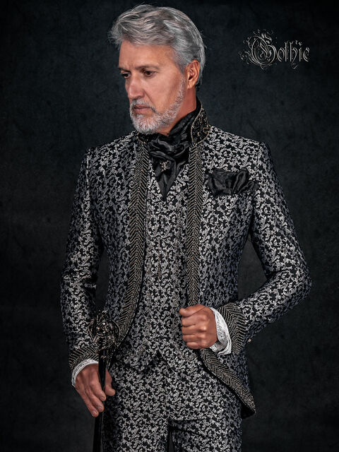 Abito uomo broccato nero argento con cristalli, moda sposo gotica
