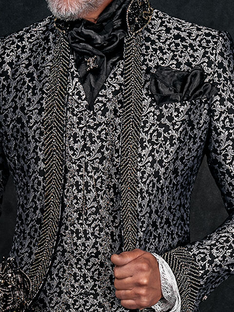 Gilet damascato con ricamo nero-argento