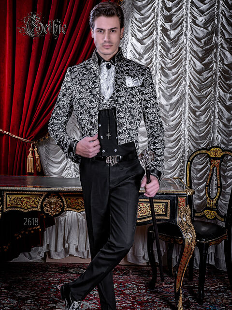 Frac uomo coreana gotico broccato nero argento, matrimonio steampunk