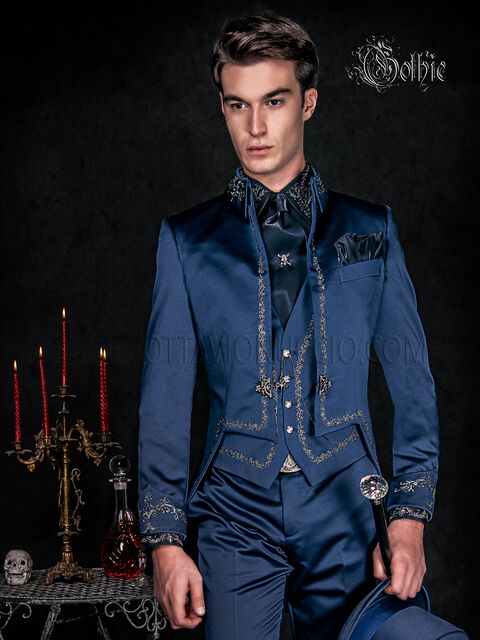 Frac sposo uomo ispirazione gotica raso blu con ricamo argento