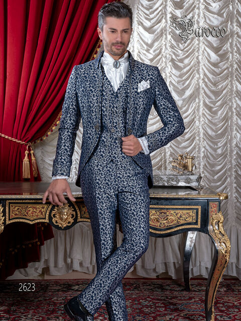 Vestito sposo blu damascato stile barocco ricamato argento