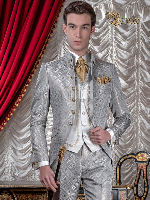 Abito sposo uomo di lusso stile barocco, damascato grigio oro